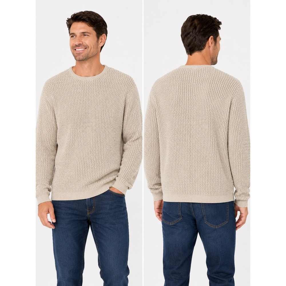 IZOD Sweater Mens Large Beige Textured Knit Lambswool Minimal Neutral Preppy